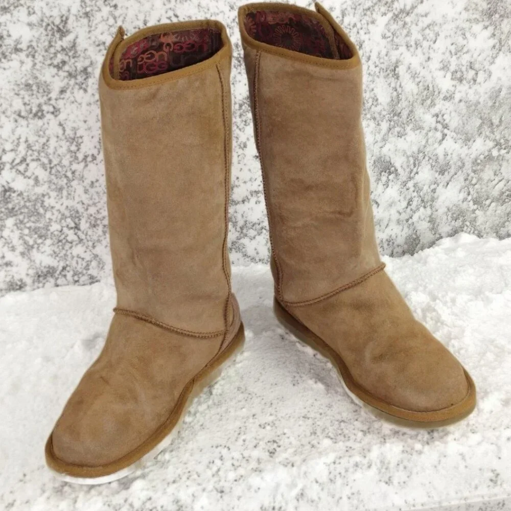 UGG Lo Pro Button Tan Signature Leather Mid-Calf Boots Size 6